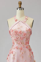 Load image into Gallery viewer, Floral Halter Pink Orange A Line Maxi Wedding Guest Dress with Pearls