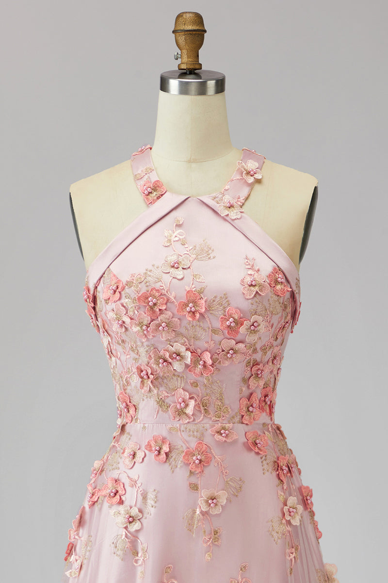 Load image into Gallery viewer, Floral Halter Pink Orange A Line Maxi Wedding Guest Dress with Pearls