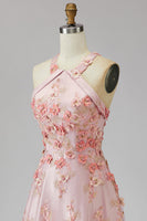Load image into Gallery viewer, Floral Halter Pink Orange A Line Maxi Wedding Guest Dress with Pearls