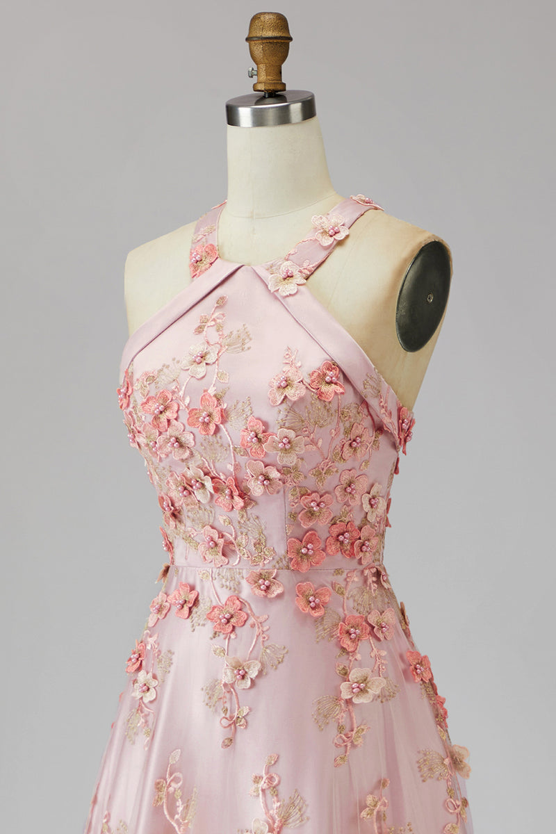 Load image into Gallery viewer, Floral Halter Pink Orange A Line Maxi Wedding Guest Dress with Pearls
