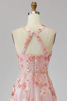 Load image into Gallery viewer, Floral Halter Pink Orange A Line Maxi Wedding Guest Dress with Pearls