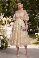 Load image into Gallery viewer, Puff Sleeves Floral Light Yellow Ruched A Line Maxi Wedding Guest Dress