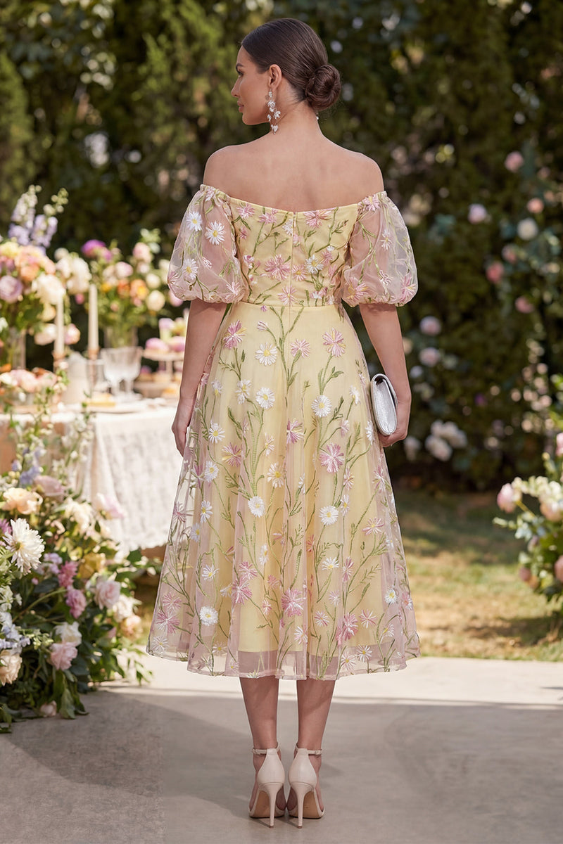 Load image into Gallery viewer, Puff Sleeves Floral Light Yellow Ruched A Line Maxi Wedding Guest Dress