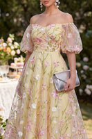 Load image into Gallery viewer, Puff Sleeves Floral Light Yellow Ruched A Line Maxi Wedding Guest Dress