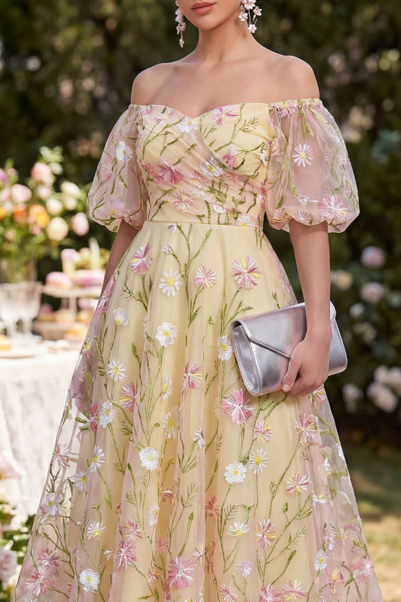 Load image into Gallery viewer, Puff Sleeves Floral Light Yellow Ruched A Line Maxi Wedding Guest Dress
