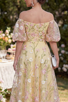 Load image into Gallery viewer, Puff Sleeves Floral Light Yellow Ruched A Line Maxi Wedding Guest Dress