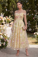 Load image into Gallery viewer, Ruched Off the Shoulder Light Yellow Floral A Line Maxi Wedding Guest Dress