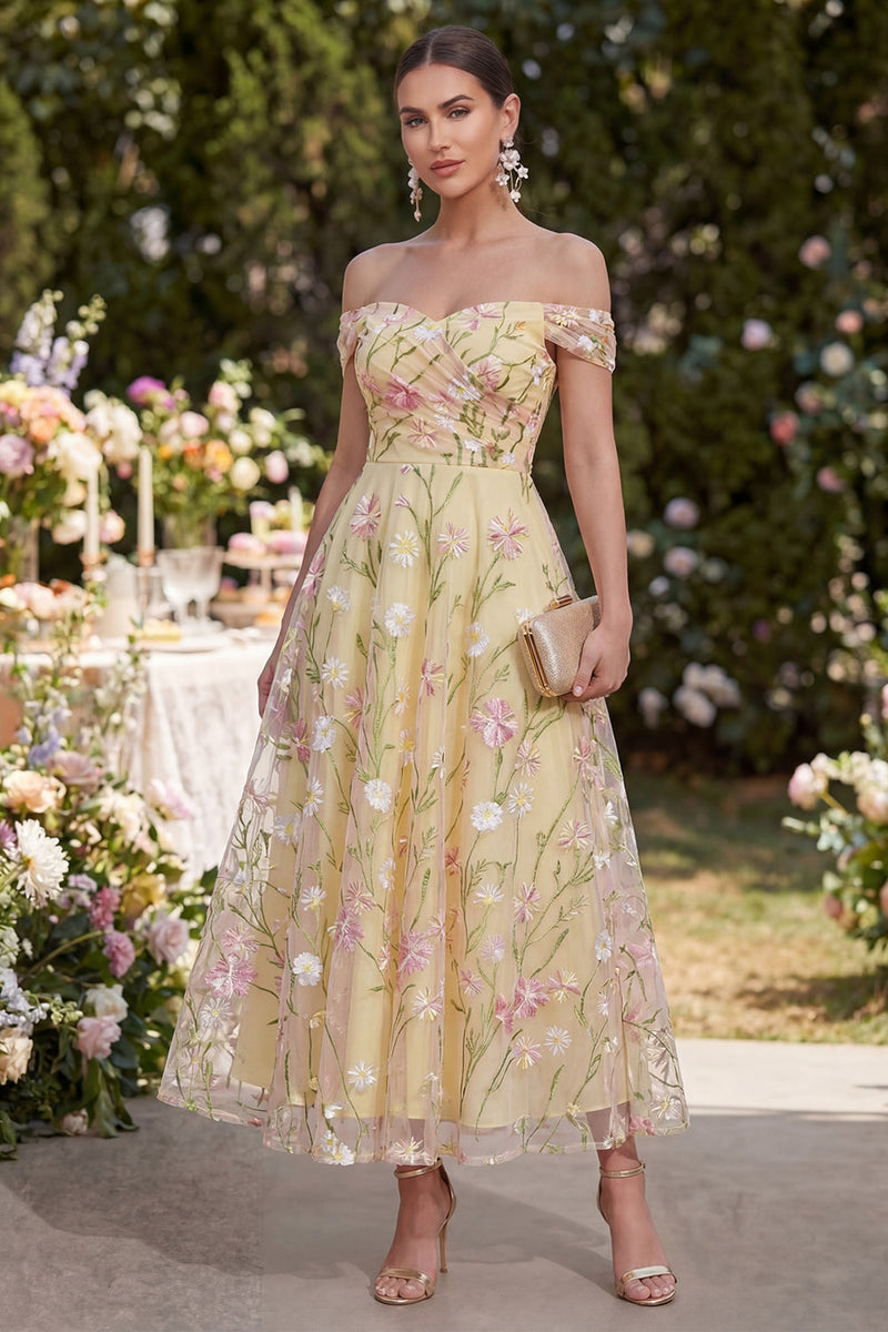 Load image into Gallery viewer, Ruched Off the Shoulder Light Yellow Floral A Line Maxi Wedding Guest Dress