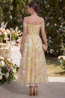 Load image into Gallery viewer, Ruched Off the Shoulder Light Yellow Floral A Line Maxi Wedding Guest Dress