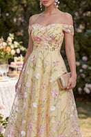 Load image into Gallery viewer, Ruched Off the Shoulder Light Yellow Floral A Line Maxi Wedding Guest Dress