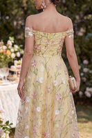 Load image into Gallery viewer, Ruched Off the Shoulder Light Yellow Floral A Line Maxi Wedding Guest Dress