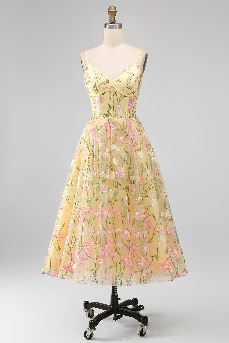 Load image into Gallery viewer, Corset Floral Spaghetti Straps Light Yellow A Line Midi Wedding Guest Dress