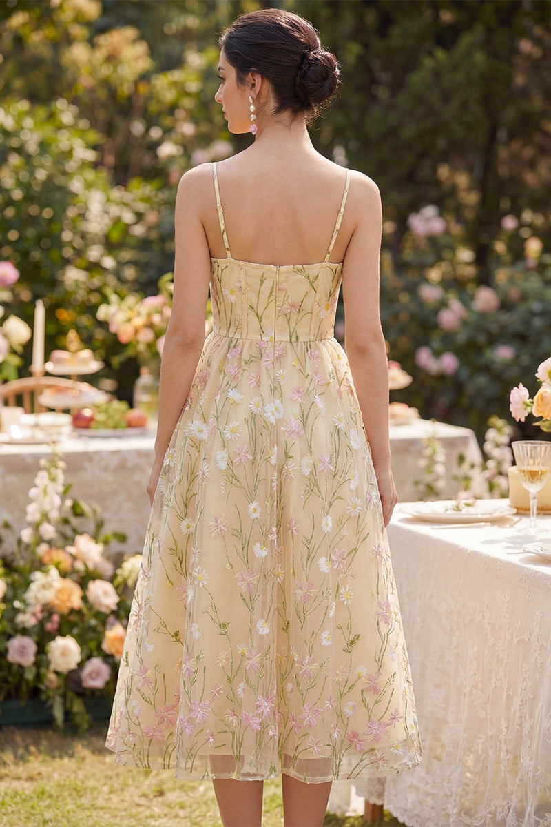 Load image into Gallery viewer, Corset Floral Spaghetti Straps Light Yellow A Line Midi Wedding Guest Dress