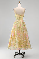 Load image into Gallery viewer, Corset Floral Spaghetti Straps Light Yellow A Line Midi Wedding Guest Dress
