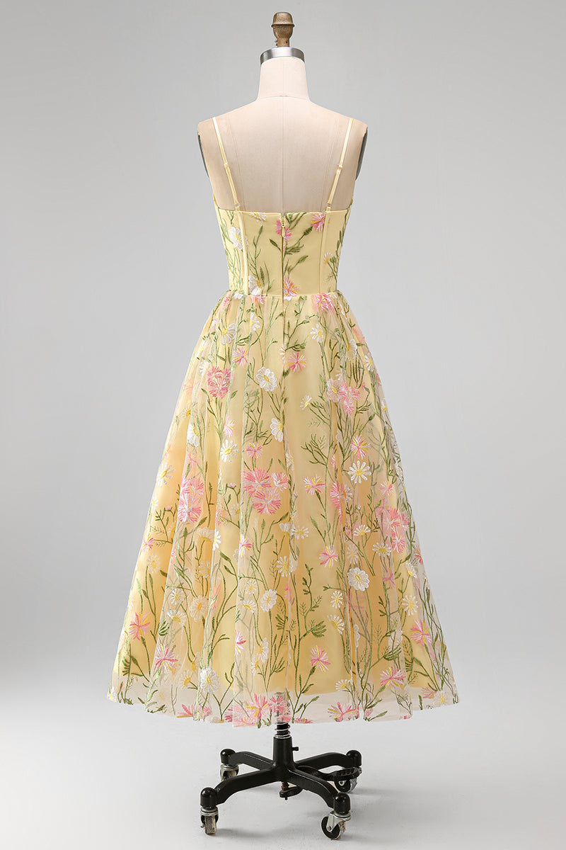 Load image into Gallery viewer, Corset Floral Spaghetti Straps Light Yellow A Line Midi Wedding Guest Dress