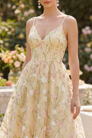 Load image into Gallery viewer, Corset Floral Spaghetti Straps Light Yellow A Line Midi Wedding Guest Dress