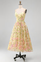 Load image into Gallery viewer, Corset Floral Spaghetti Straps Light Yellow A Line Midi Wedding Guest Dress