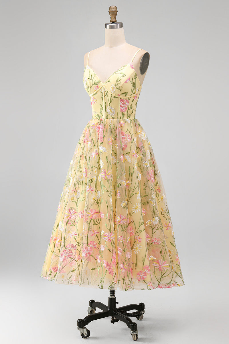 Load image into Gallery viewer, Corset Floral Spaghetti Straps Light Yellow A Line Midi Wedding Guest Dress