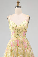 Load image into Gallery viewer, Corset Floral Spaghetti Straps Light Yellow A Line Midi Wedding Guest Dress