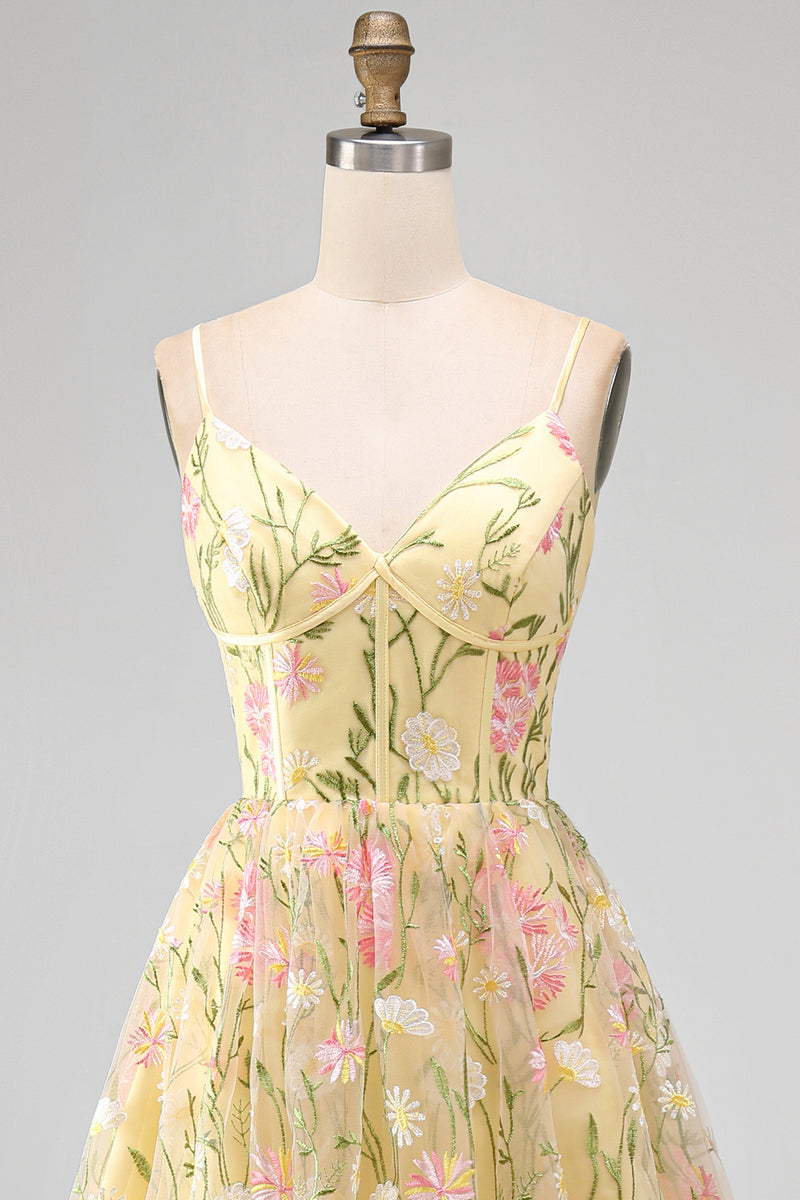 Load image into Gallery viewer, Corset Floral Spaghetti Straps Light Yellow A Line Midi Wedding Guest Dress