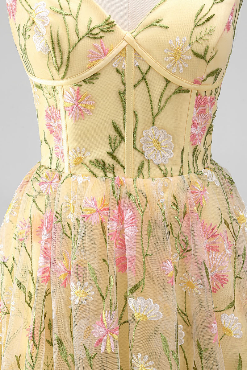Load image into Gallery viewer, Corset Floral Spaghetti Straps Light Yellow A Line Midi Wedding Guest Dress