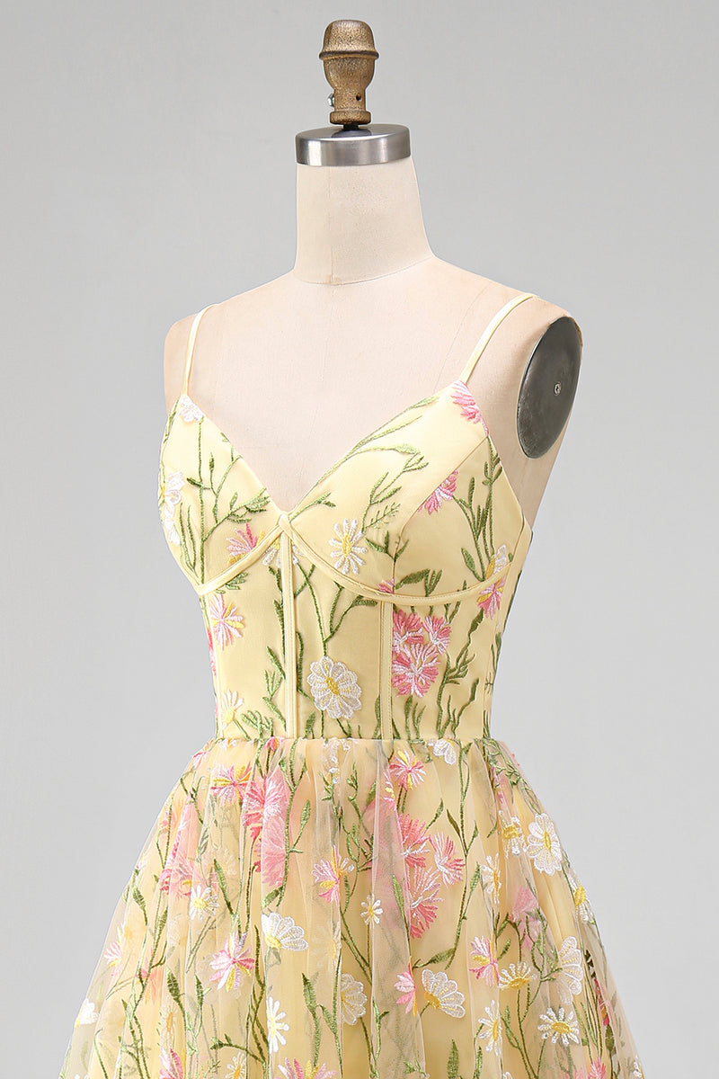 Load image into Gallery viewer, Corset Floral Spaghetti Straps Light Yellow A Line Midi Wedding Guest Dress