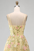 Load image into Gallery viewer, Corset Floral Spaghetti Straps Light Yellow A Line Midi Wedding Guest Dress