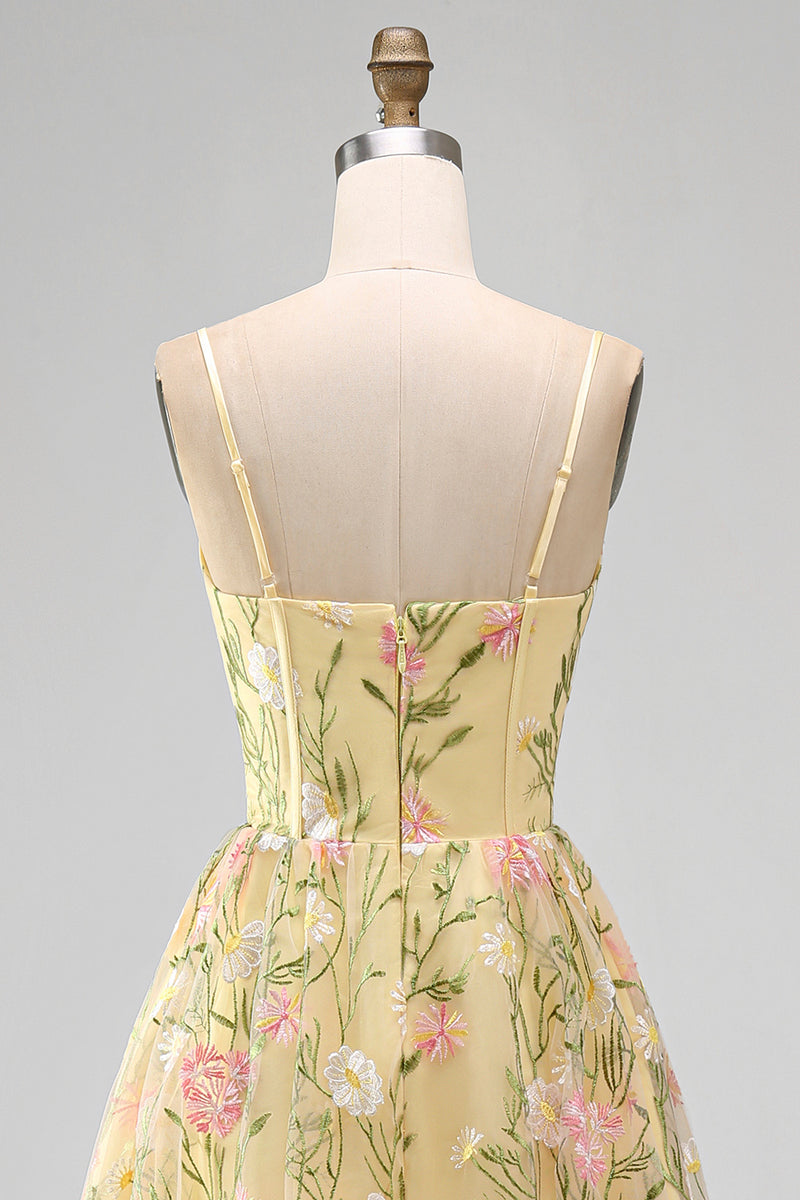 Load image into Gallery viewer, Corset Floral Spaghetti Straps Light Yellow A Line Midi Wedding Guest Dress