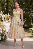 Load image into Gallery viewer, Floral Corset Light Yellow Spaghetti Straps A Line Maxi Wedding Guest Dress