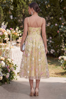 Floral Corset Light Yellow Spaghetti Straps A Line Maxi Wedding Guest Dress