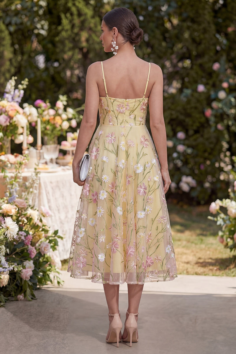 Load image into Gallery viewer, Floral Corset Light Yellow Spaghetti Straps A Line Maxi Wedding Guest Dress