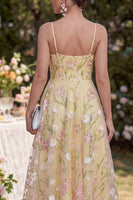 Load image into Gallery viewer, Floral Corset Light Yellow Spaghetti Straps A Line Maxi Wedding Guest Dress
