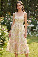 Load image into Gallery viewer, Square Neck Light Yellow Floral A Line Maxi Wedding Guest Dress