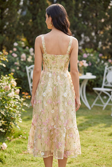 Square Neck Light Yellow Floral A Line Maxi Wedding Guest Dress