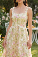 Load image into Gallery viewer, Square Neck Light Yellow Floral A Line Maxi Wedding Guest Dress