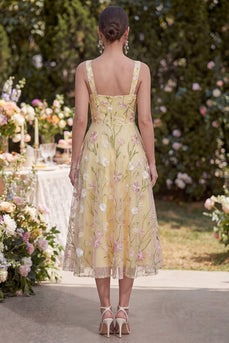 Floral Thick Straps Light Yellow A Line Maxi Wedding Guest Dress
