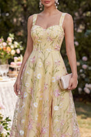 Load image into Gallery viewer, Floral Thick Straps Light Yellow A Line Maxi Wedding Guest Dress