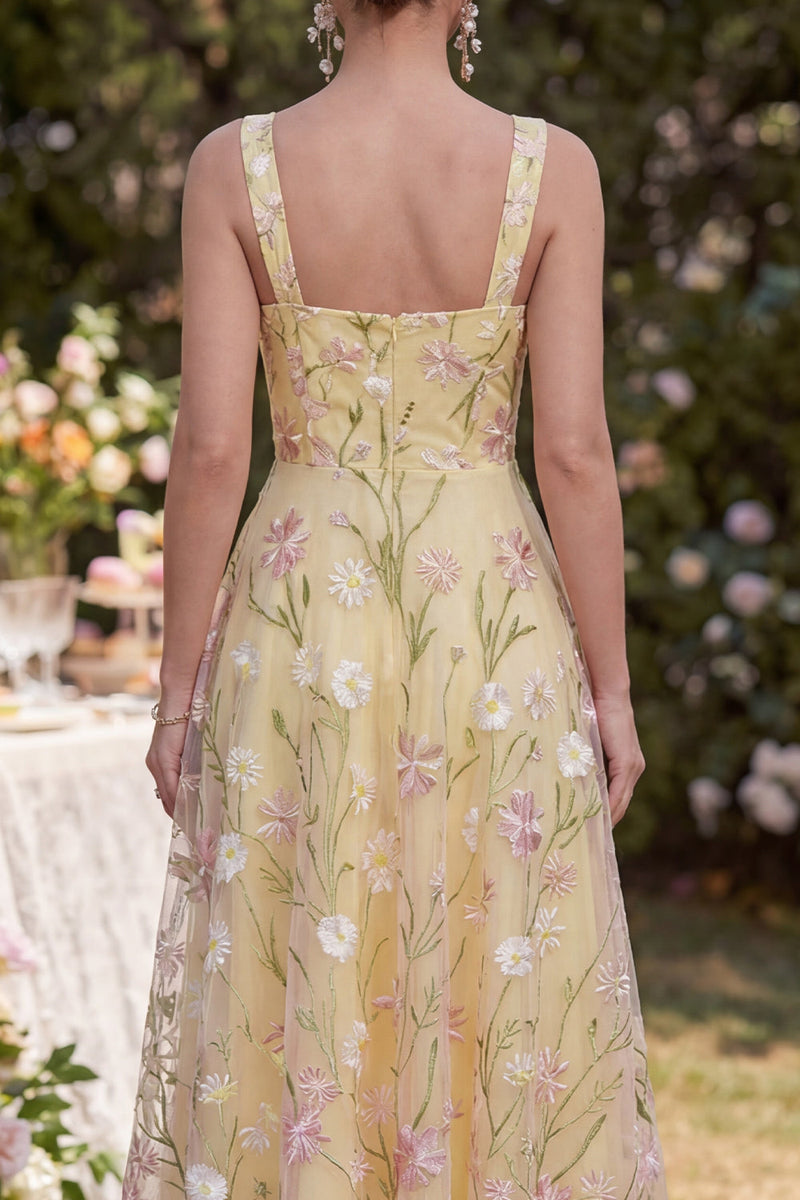 Load image into Gallery viewer, Floral Thick Straps Light Yellow A Line Maxi Wedding Guest Dress
