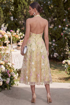 Halter Backless Yellow Floral Light A Line Maxi Wedding Guest Dress