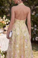 Load image into Gallery viewer, Halter Backless Yellow Floral Light A Line Maxi Wedding Guest Dress