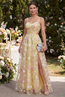 Load image into Gallery viewer, Yellow Ruched Floral Light A Line Cut Out Maxi Wedding Guest Dress with Slit