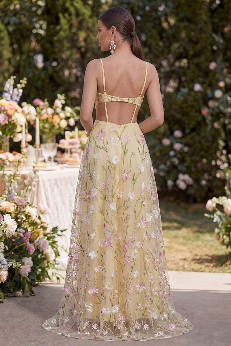 Load image into Gallery viewer, Yellow Ruched Floral Light A Line Cut Out Maxi Wedding Guest Dress with Slit