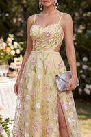 Load image into Gallery viewer, Yellow Ruched Floral Light A Line Cut Out Maxi Wedding Guest Dress with Slit