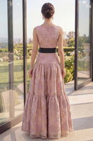 Load image into Gallery viewer, Boat Neck A Line Jacquard Blush Long Wedding Guest Dress with Bow