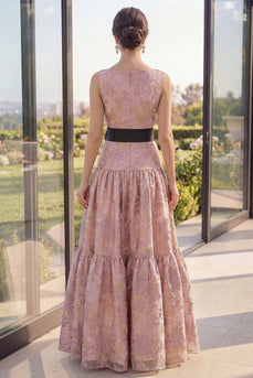 Boat Neck A Line Jacquard Blush Long Wedding Guest Dress with Bow