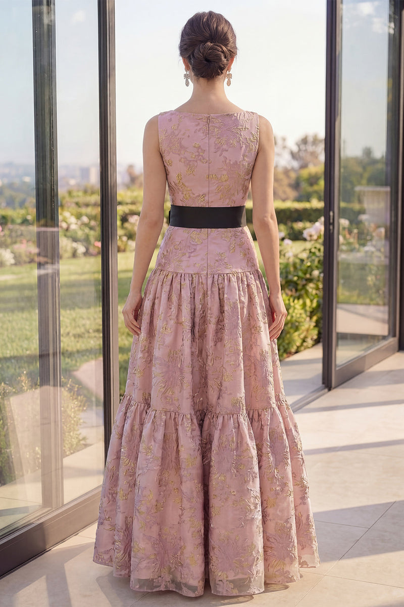 Load image into Gallery viewer, Boat Neck A Line Jacquard Blush Long Wedding Guest Dress with Bow