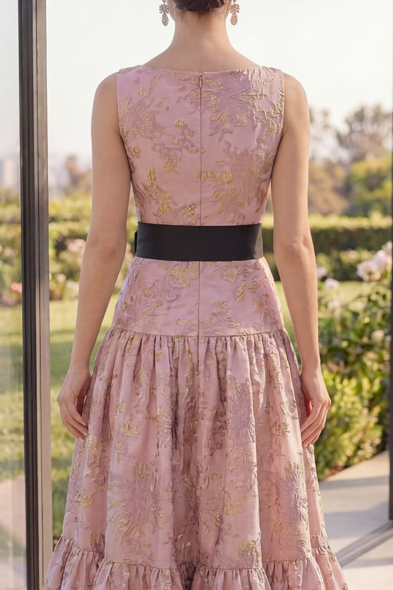 Load image into Gallery viewer, Boat Neck A Line Jacquard Blush Long Wedding Guest Dress with Bow