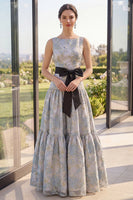 Load image into Gallery viewer, Boat Neck A Line Jacquard Blush Long Wedding Guest Dress with Bow