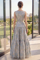 Load image into Gallery viewer, Boat Neck A Line Jacquard Blush Long Wedding Guest Dress with Bow