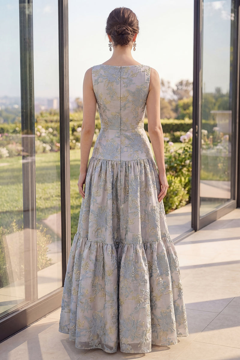 Load image into Gallery viewer, Boat Neck A Line Jacquard Blush Long Wedding Guest Dress with Bow
